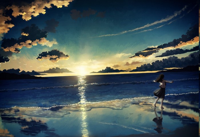 Anime girl on a beach at sunset