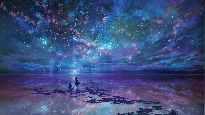 Couple under a starry sky reflected on water