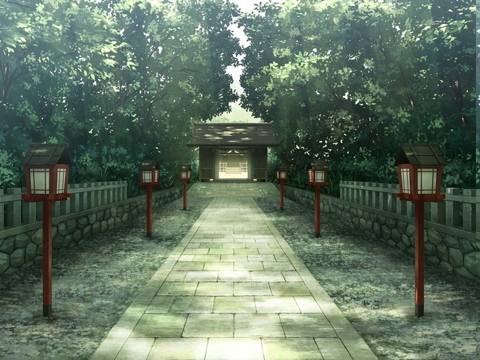 Anime temple path with stone lanterns and trees