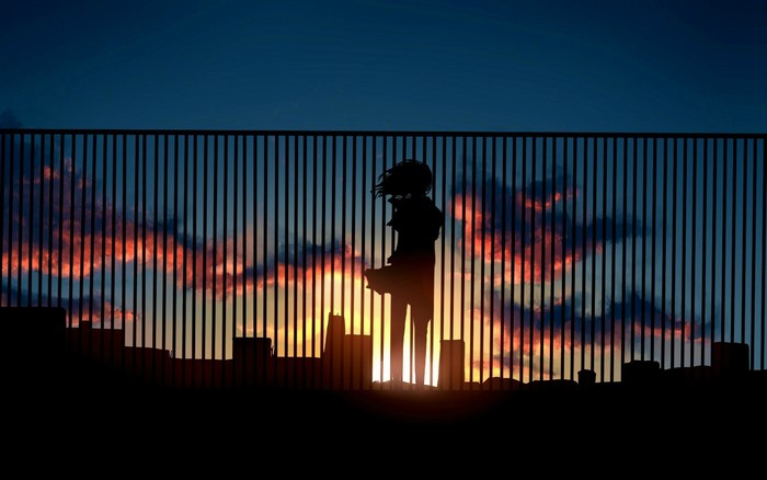 Anime girl silhouette against sunset sky behind fence