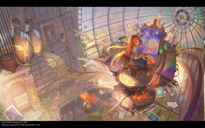 Girl painting Starry Night in a fantastical library