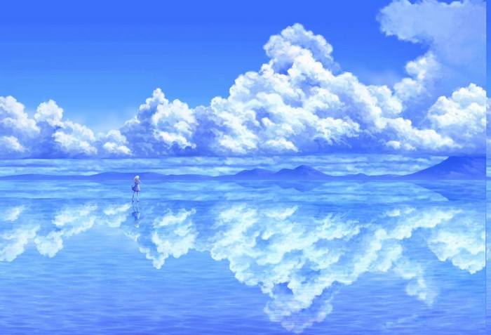 Serene Anime Landscape with Reflective Water and Clouds