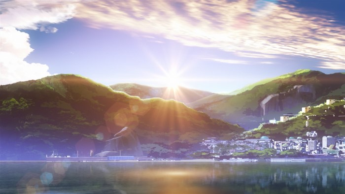Anime landscape with sun flare over mountains and town