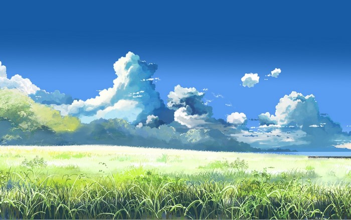 Anime landscape with clouds and a field