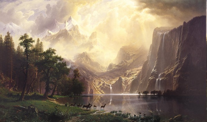 Albert Bierstadt's Majestic Mountain Landscape with Waterfall and Deer