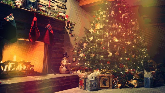 Christmas tree and fireplace with stockings and gifts