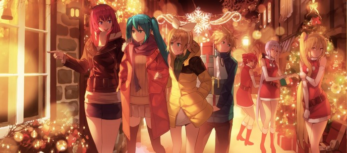 Vocaloid characters celebrating Christmas