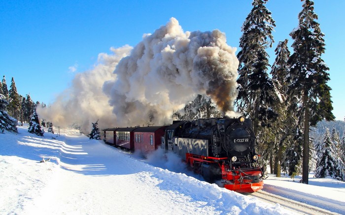 Steam train in a snowy forest landscape
