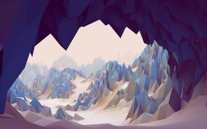 Low poly abstract mountain landscape inside a cave