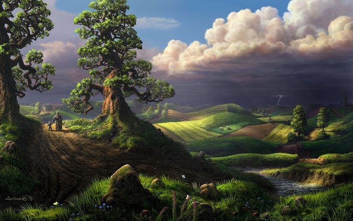 Fantasy landscape with trees, hills, and a storm