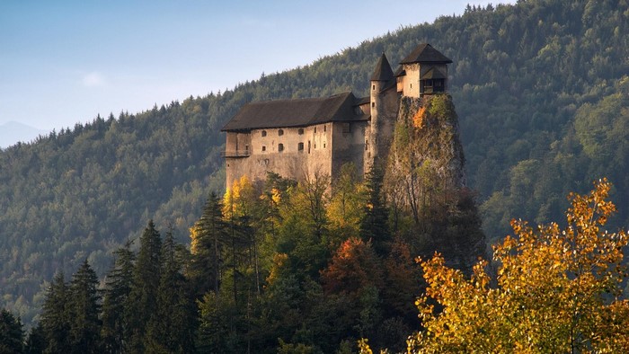 Slovak Castle on Rocky Hill in Autumn Forest
