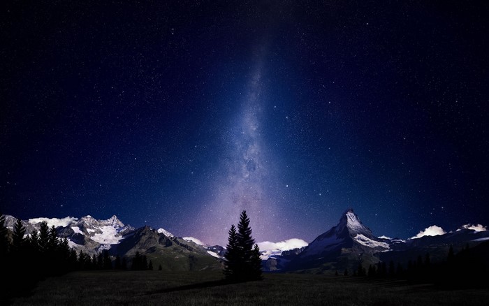 Night sky over mountains with Milky Way and pine trees