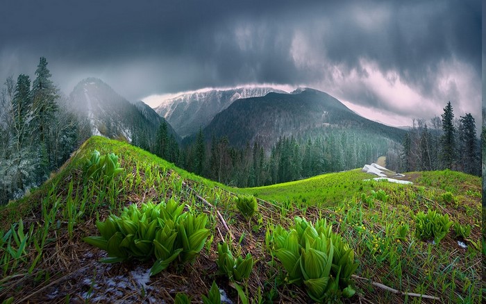 Mountain landscape with green hills and stormy clouds