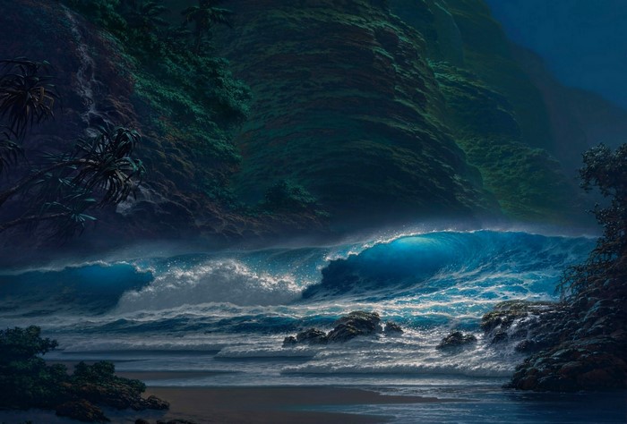 Moonlit Ocean Waves Crashing on Rocky Beach