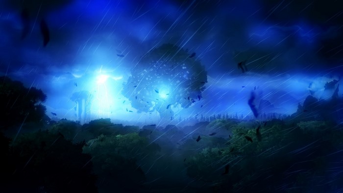 Ori and the Blind Forest landscape with lightning storm