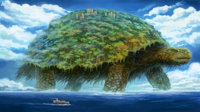 Giant Turtle Island with City and Ship in the Ocean