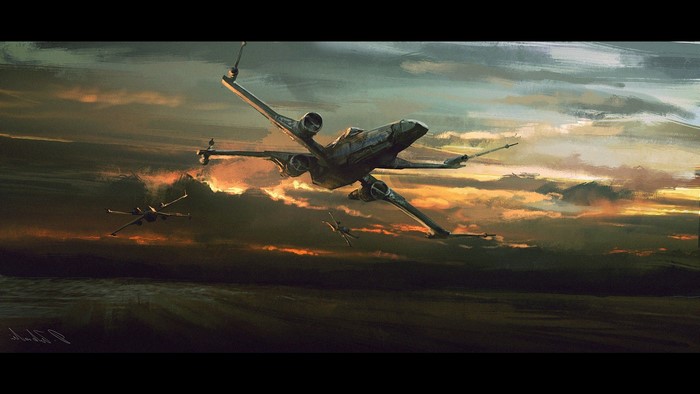Star Wars X-wing spaceships in the sky