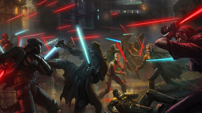 Star Wars concept art of a lightsaber battle