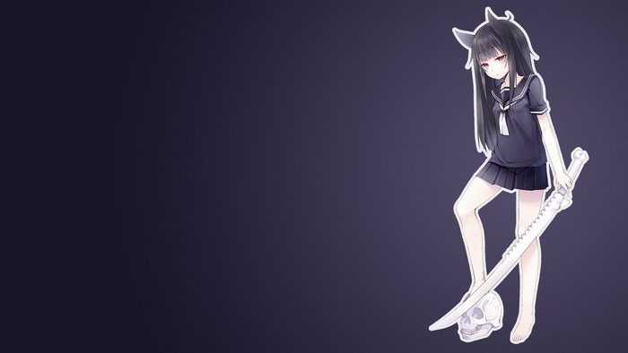 Anime girl with cat ears and sword over skull