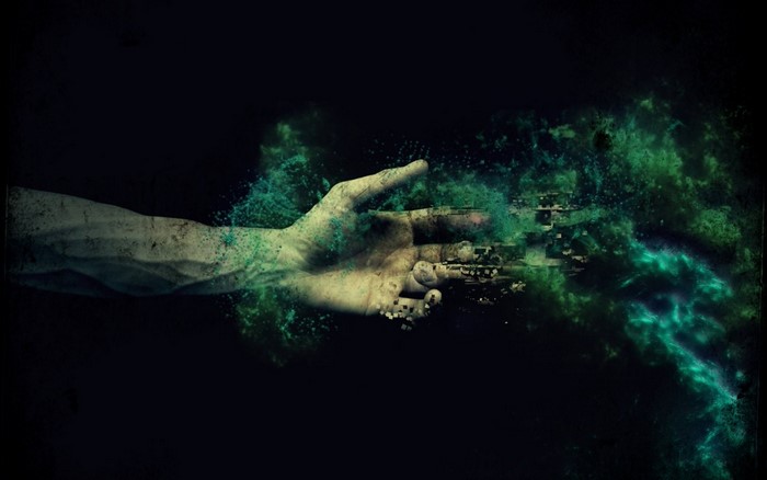 Abstract Hand Transforming into Digital Pixels and Green Energy