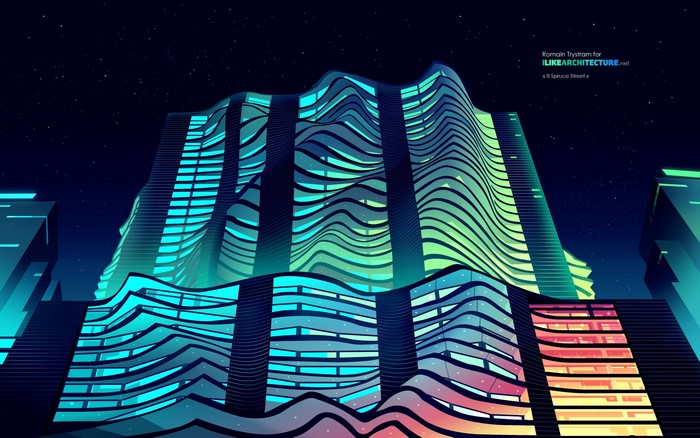 Abstract wavy buildings at night
