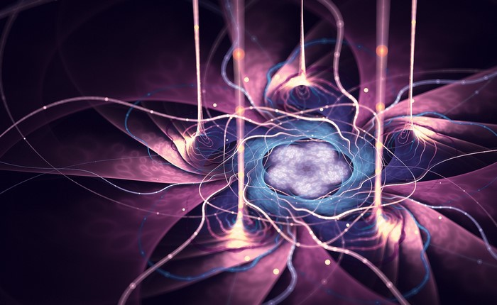 Abstract fractal flower with glowing purple petals and blue center