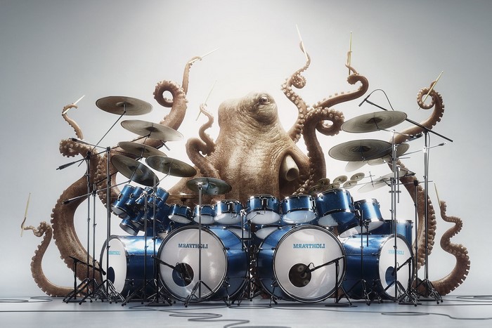 Octopus playing a drum set