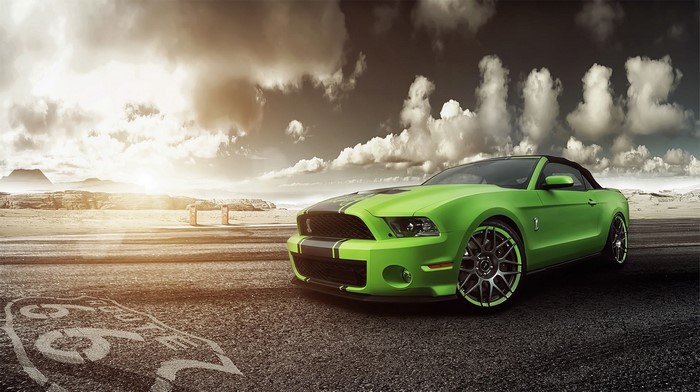 Green Ford Mustang Shelby GT Convertible on Route 66