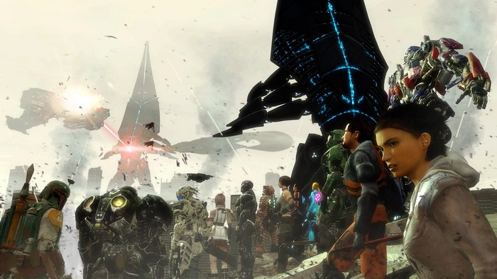 Characters from Mass Effect, Halo, Transformers, and Half-Life in battle