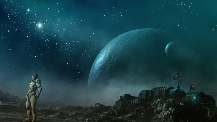 Astronaut on alien planet with large planet in sky