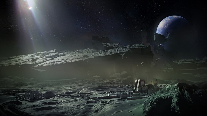 Alien planet with city ruins and a broken planet in the sky