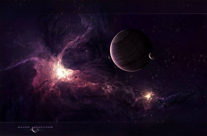 Space nebula with planets and moons