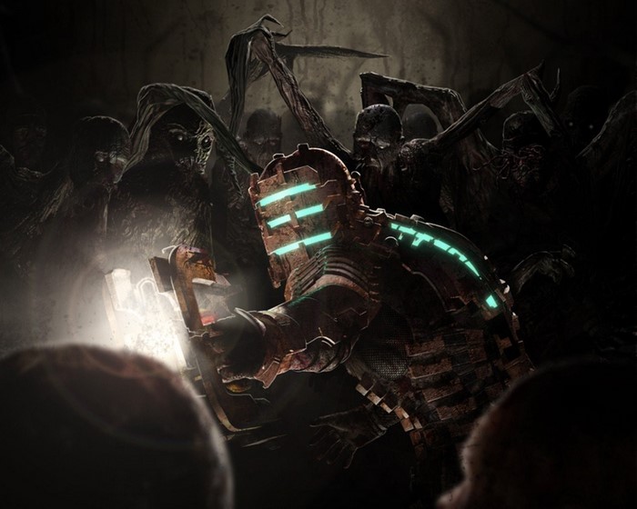 Isaac Clarke from Dead Space surrounded by Necromorphs