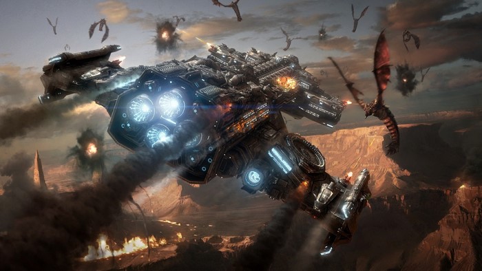 StarCraft II Terran spaceship battles dragons in canyon
