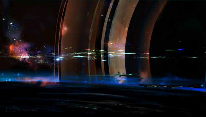Spaceship near a ringed planet with nebulae