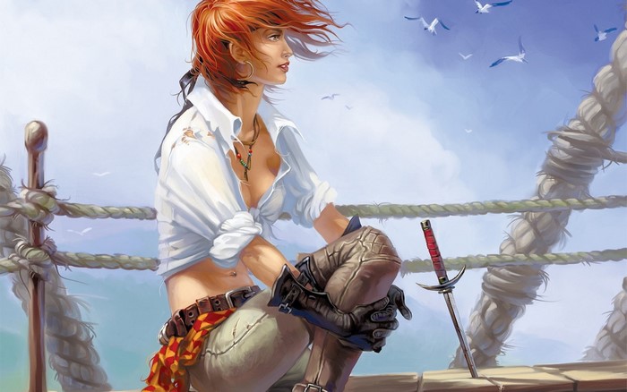 Pirate woman with red hair and sword on a ship