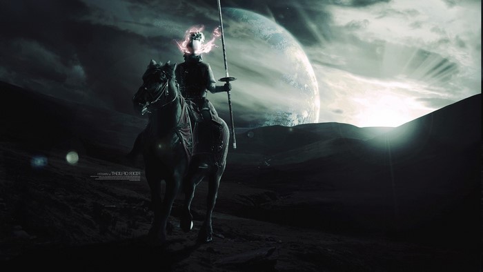 Warrior on a horse with a planet in the background