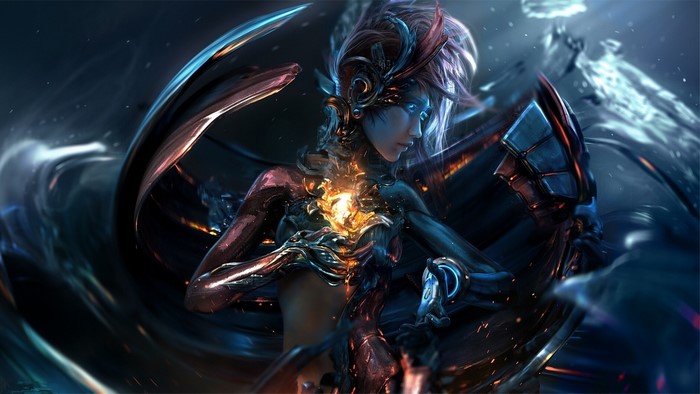 Artwork of a cyborg woman with glowing chest