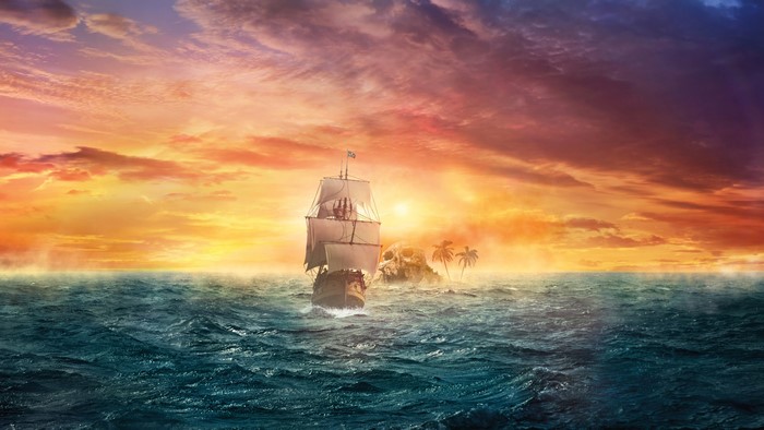 Pirate ship sailing towards a skull island at sunset