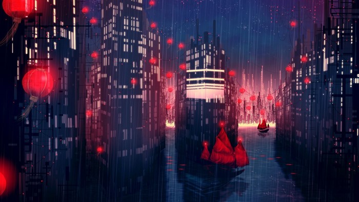 Rainy Cityscape with Red Lanterns and Boats