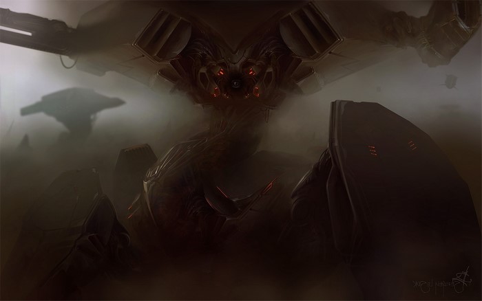 Futuristic robot mech in a foggy, destroyed landscape