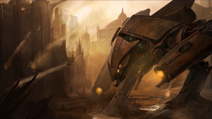 Futuristic robot in a destroyed city