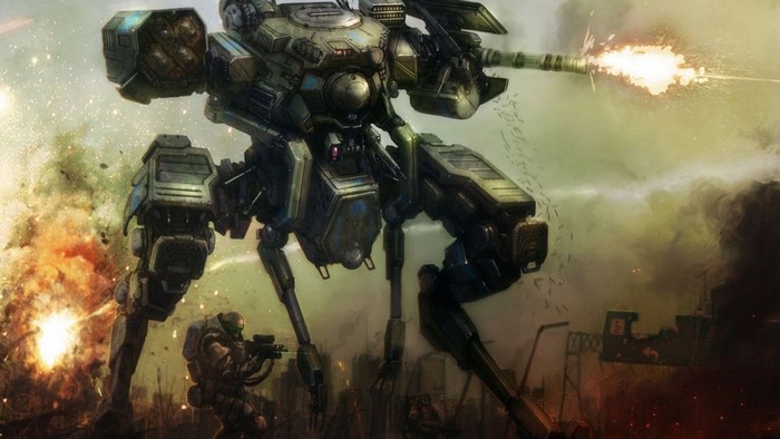 Artwork of a mech robot in battle