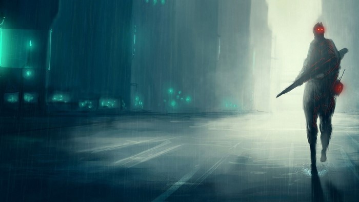 Futuristic soldier with glowing eyes in a rainy city
