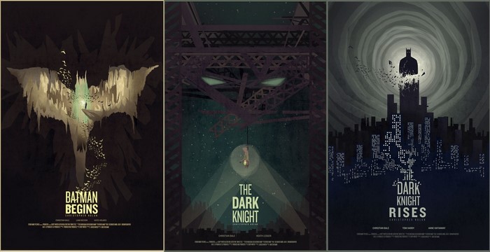 Batman Begins, The Dark Knight, and The Dark Knight Rises movie posters