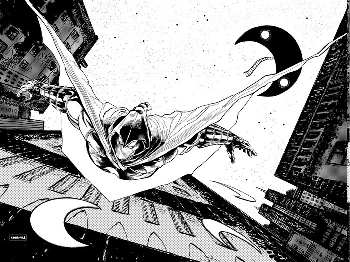 Moon Knight flying over a city at night