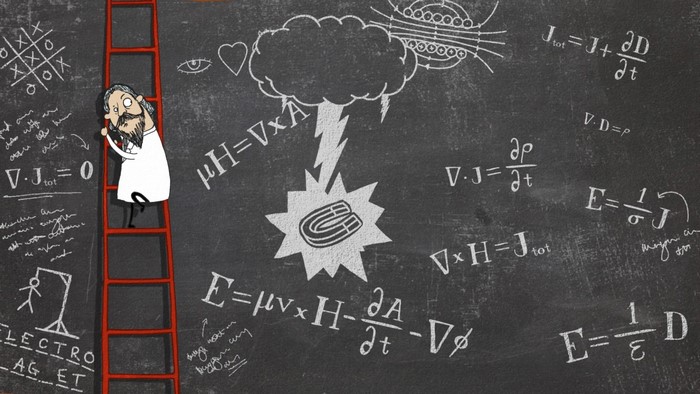 Scientist climbing ladder with physics equations