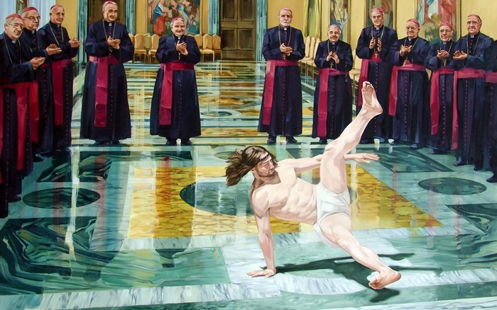 Jesus breakdancing for a group of bishops