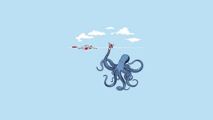 Octopus holding a person near a swimmer