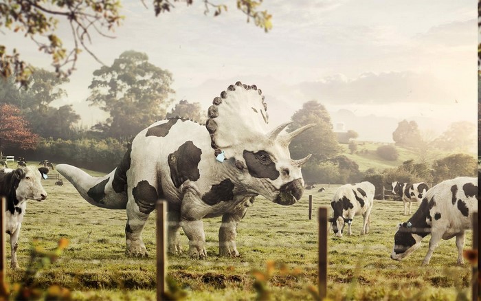 Cow-patterned Triceratops with cows in a field